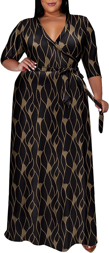 Runwind Plus Size Dresses for Women Floral Maxi Dress Flowy 3/4 Sleeve with Belt