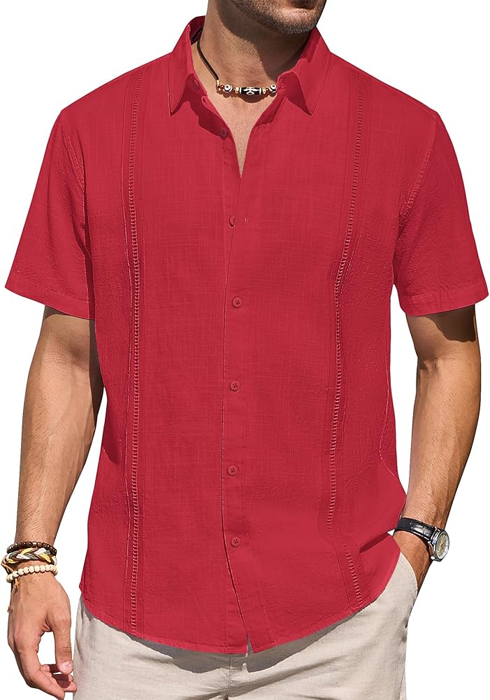 Mens Linen Shirts Short Sleeve Button Up Casual Lightweight Solid Shirt Stylish Cuban Guayabera Beach Tops