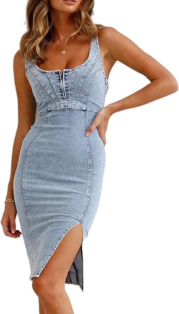 Denim Dress for Women Sleeveless Side Slit Bodycon Midi Jean Dresses for Women 2024