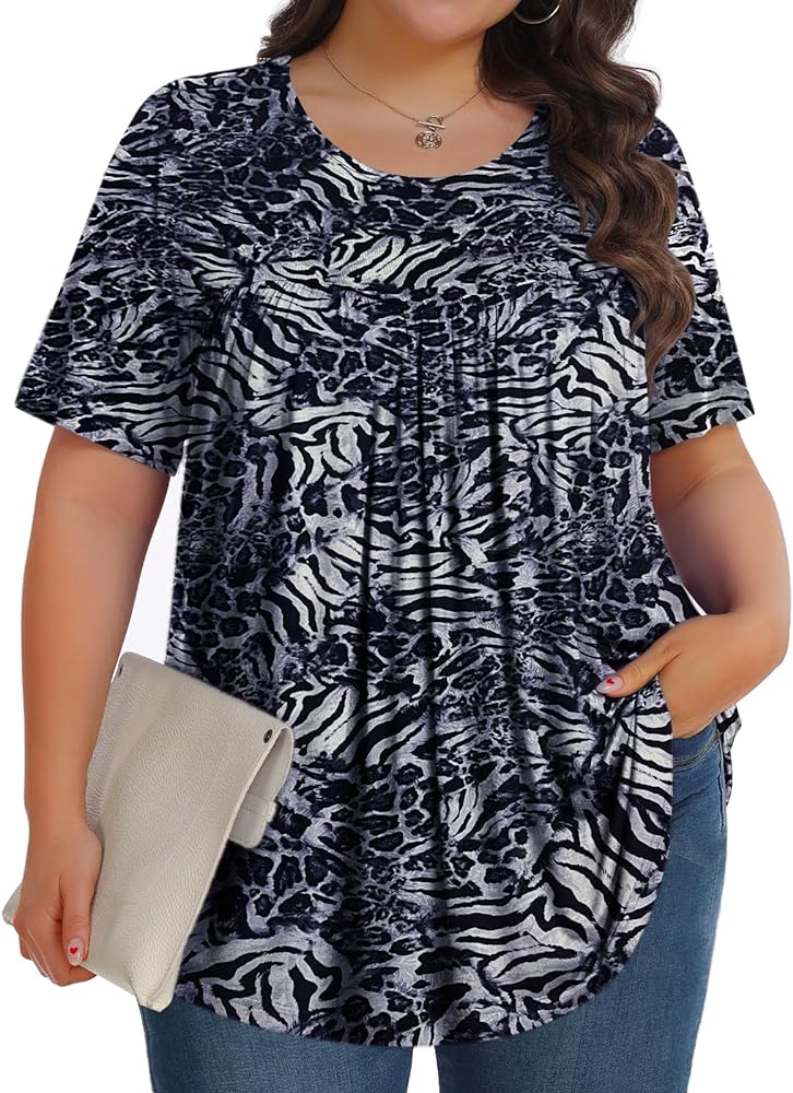 Womens Plus Size Tops Tunic Short Sleeve Crew Neck Shirts Casual Soft Blouse 1X-5X