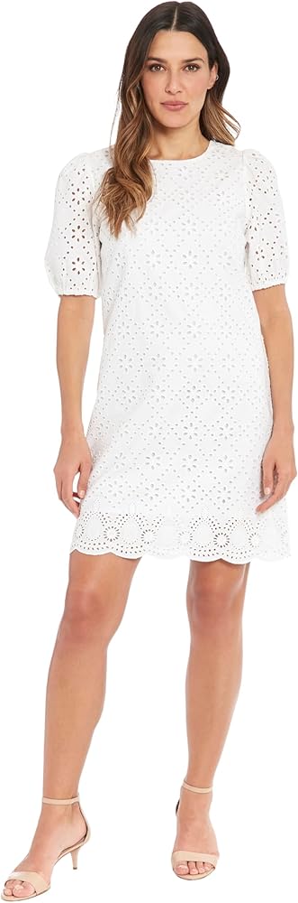 London Times Summer Puff Sleeve Mini Short Cotton Eyelet Womens Dresses