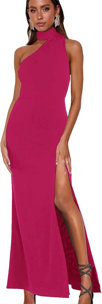 Zalalus Women's Halter Neck One Shoulder Wedding Guest Dress Summer Slit Asymmetrical Cutout Cocktail Party Maxi Dresses