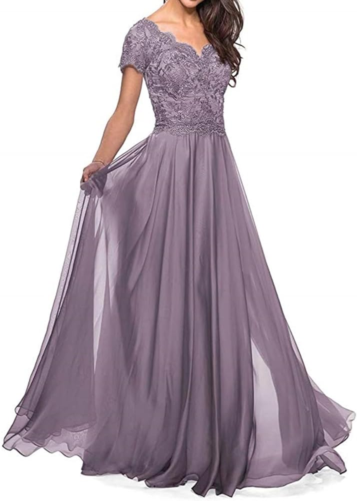 Lace Mother of The Bride Dresses for Women Long Chiffon Appliques A line Short Sleeves Wedding Party Gowns Mauve US14