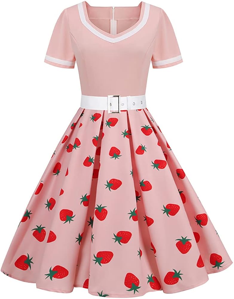 Vintage Dresses for Women Polka Dot Rockabilly Dress 1950s Strawberry Dress 1960s Audrey Hepburn Pin Up Dresses