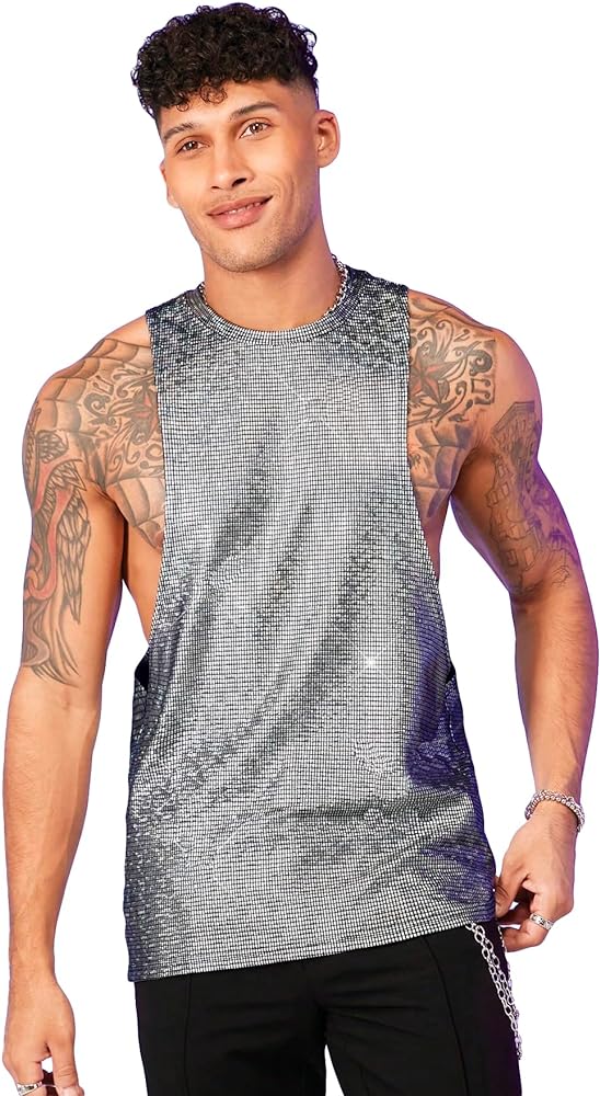 WDIRARA Men's Glitter Sequin Round Neck Sleeveless Tank Tops Cut Open Side Club Party T Shirt