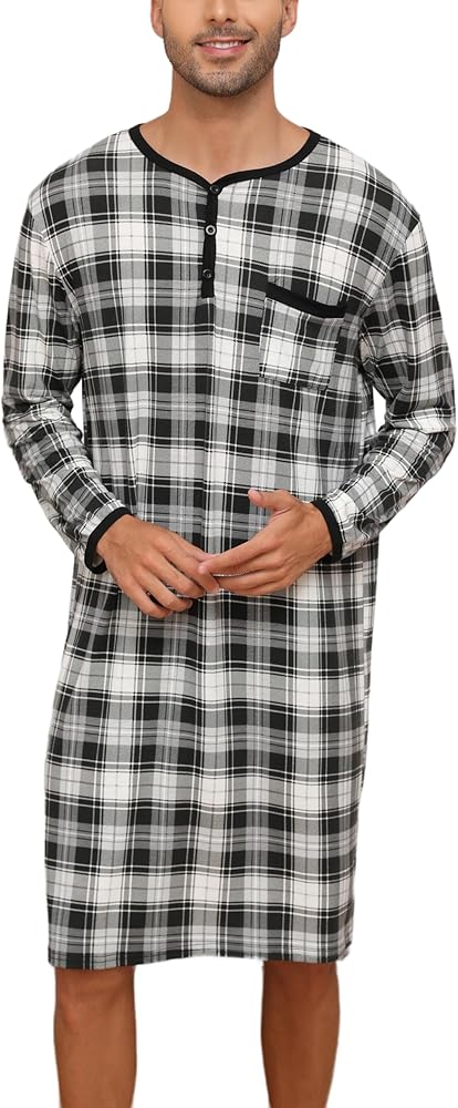 Men's Plaid Long Sleeve Nightshirt Knee-Length Sleepwear with Chest Pocket Sleepwear