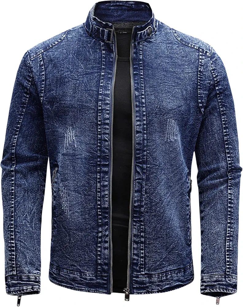 Men's Fleece Lined Denim Jacket Winter Stand Collar Distressed Jean Jacket Slim Fit Zipper Warm Moto Trucker Coat (Blue,Medium)