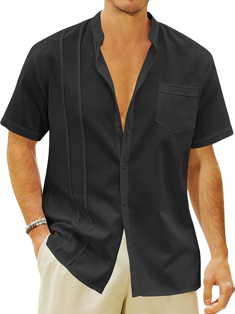 Men's Cuban Guayabera Shirts Cotton Linen Button Down Short Sleeve Shirts Casual Summer Beach Shirt