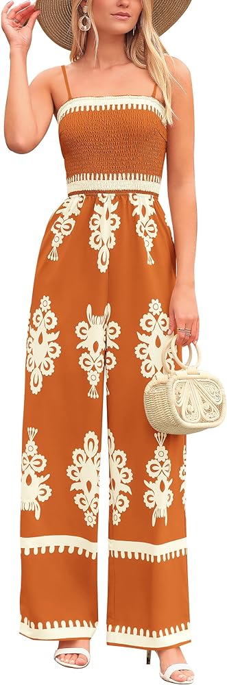 PRETTYGARDEN Women's Summer Boho Jumpsuits One Piece Beach Vacation Outfits Spaghetti Strap Wide Leg Pants Rompers