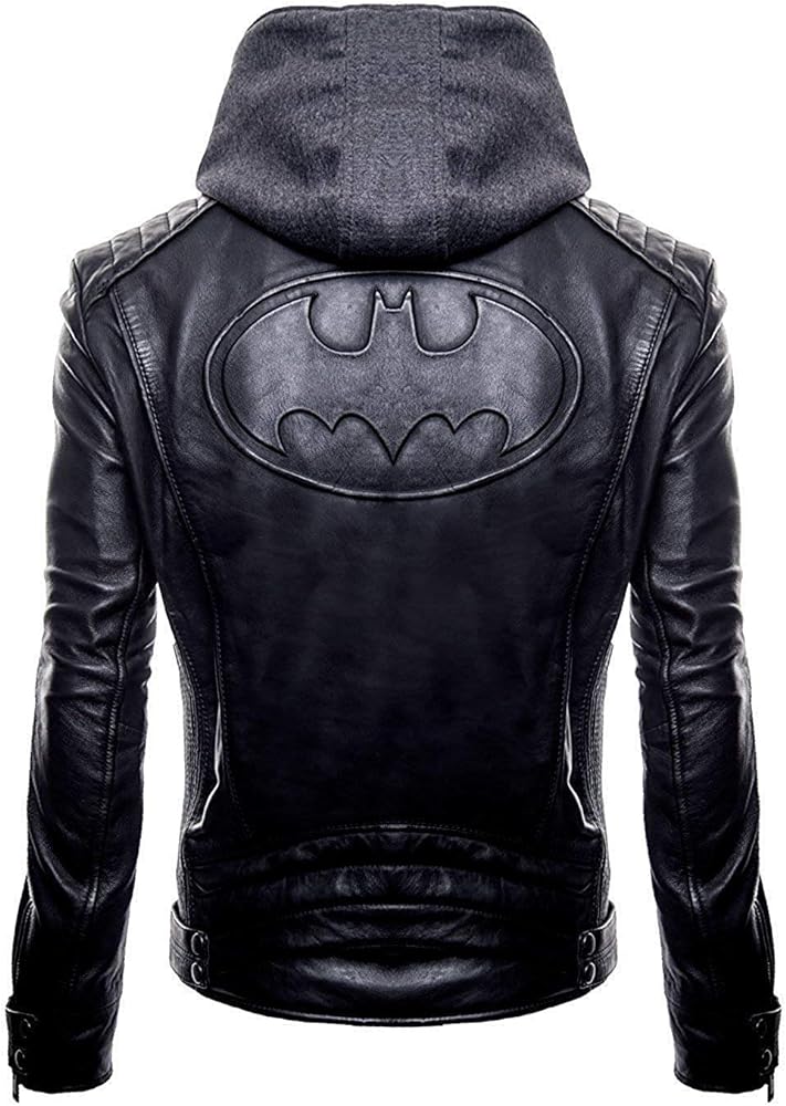 HAQ New Batman Logo Motorcycle Brando Biker Real Leather Hoodie Jacket - Detach Hood (M-44 inch ), Black (001)