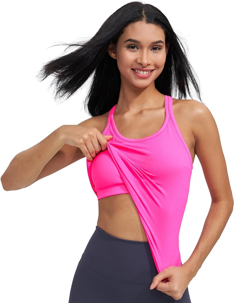 Ribbed Workout Short Racerback Tank Tops for Women with Built in Bra