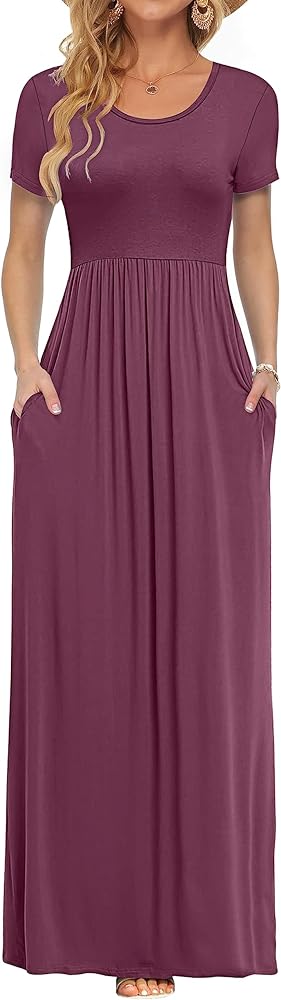 AUSELILY Women's Short Sleeve Loose Plain Casual Long Maxi Dresses for Women 2024