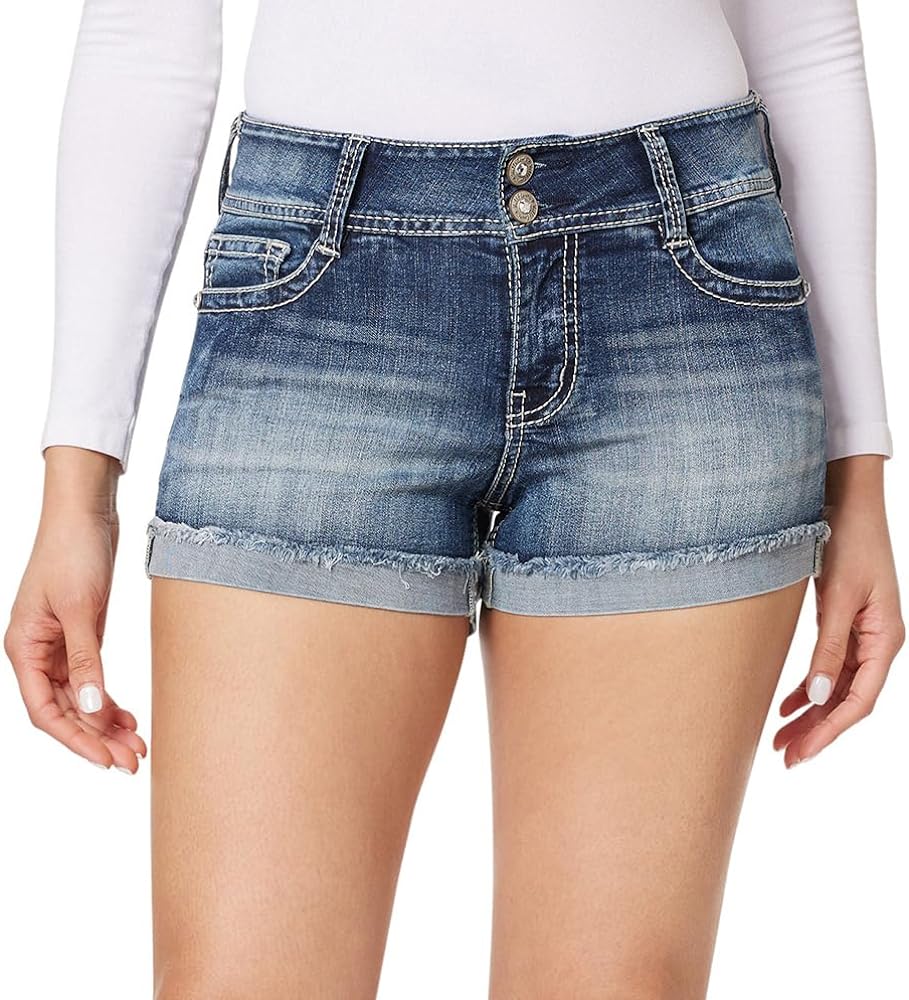 WallFlower Women's Luscious Curvy Denim Shorts Mid-Rise Bling and Belted Insta Stretch Juniors (Standard and Plus)