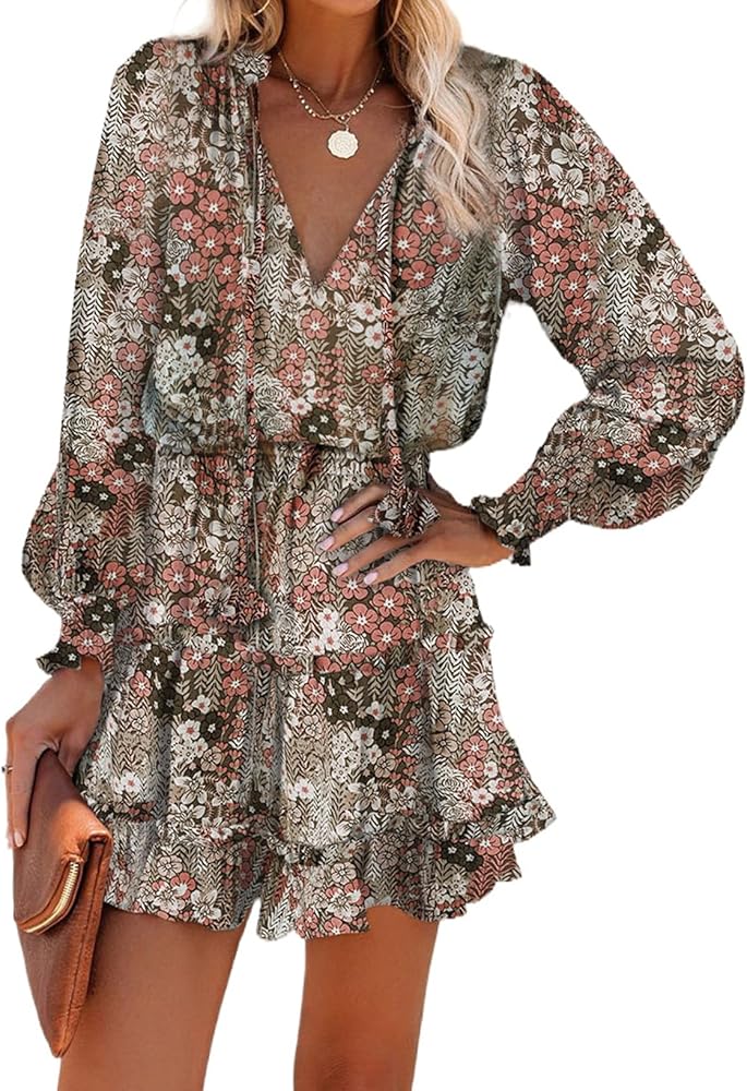 Dokotoo Womens Summer Dresses 2024 Boho Floral Drawstring V Neck Smocked Long Sleeve Ruffle Tiered Chiffon Mini Short Dress