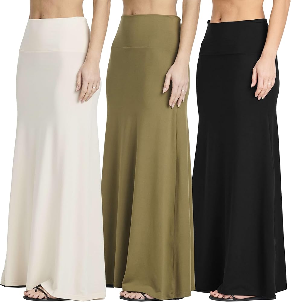 Real Essentials 3 Pack: Women's Ultra-Soft Flowy Maxi High Waisted Long Skirts (Available in Plus Size)