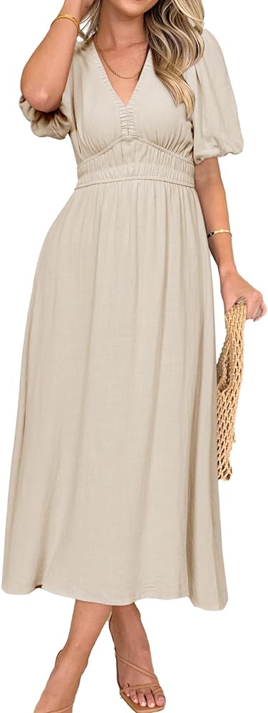 Simplee Women's Summer Boho Maxi Dress Casual V Neck Puff Sleeve Wedding Guest Dress Flowy Linen Beach Dresses