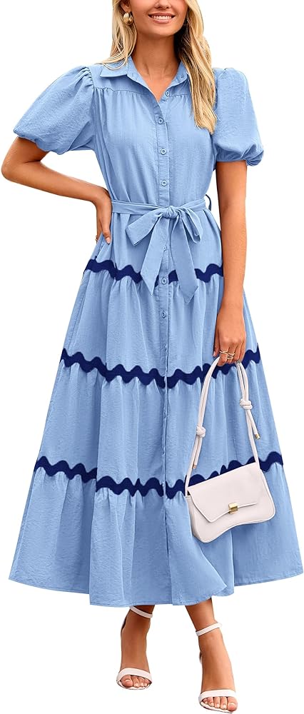 PRETTYGARDEN Women's Summer Maxi Dress Button Down Puff Short Sleeve Ruffle Casual Elegant Long Flowy Shirt Dresses with Belt