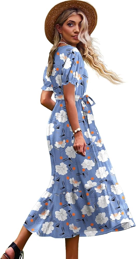 YESNO Women's 2023 Summer Casual Square Neck Floral Dress Ruffle Puff Short Sleeve Belted Maxi Dress with Pockets E16