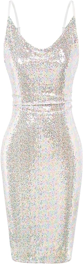 GRACE KARIN Women's Sexy Sequin Sparkly Glitter Cowl Neck Dresses Spaghetti Straps Bodycon Midi Club Party Dress