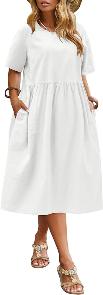 IN'VOLAND Plus Size Cotton Linen Dresses for Women Short Sleeve Summer Midi Dress with Pockets