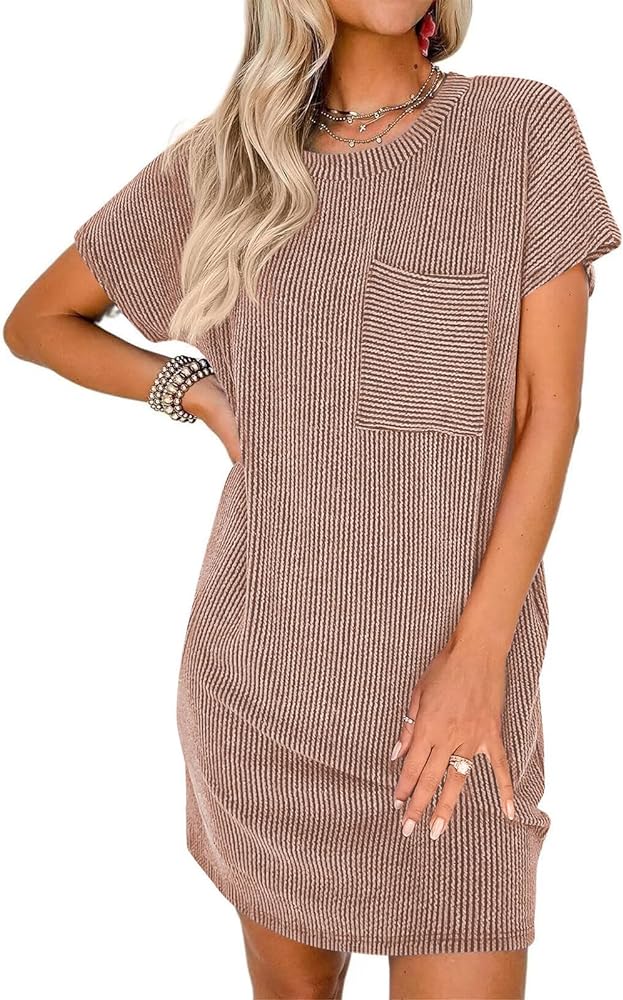 Womens Summer Ribbed Tshirt Dresses 2024 Short Sleeve Crew Neck Solid Color Dresses Casual Beach Dresses for Women