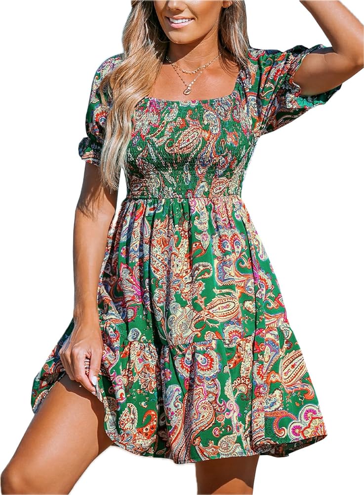 CUPSHE Women's Mini Dress Off The Shoulder Paisley Short Sleeve Ruffled Short Summer Casual Dress