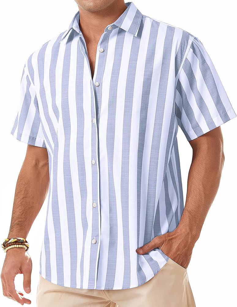 J.VER Men's Linen Cotton Shirt Casual Button Up Short Sleeve Striped Shirt with Pocket