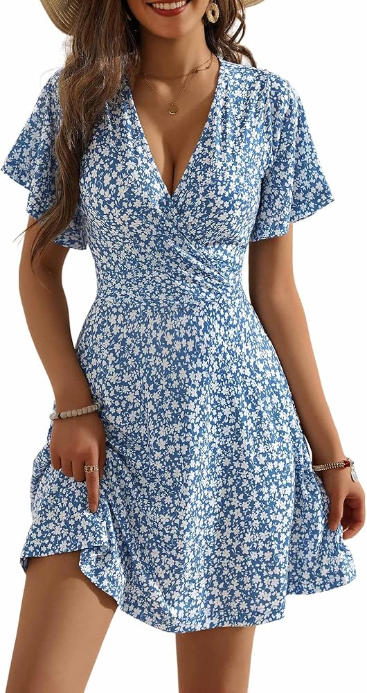 OURIN Women's Wrap V Neck Ruffle Sleeve Sundress Floral Mini Summer Dresses with Pockets 2024