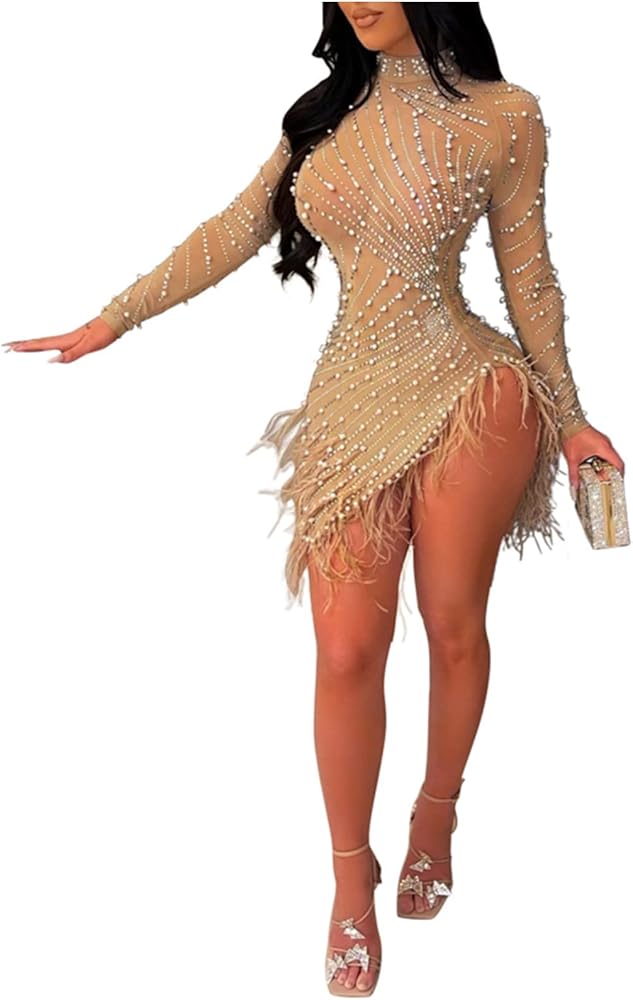 ENOPINK Women Sexy Rhinestone Feather Dress Mesh Sheer Bodycon Long Sleeve Mini Dresses Birthday Outfits Clubwear