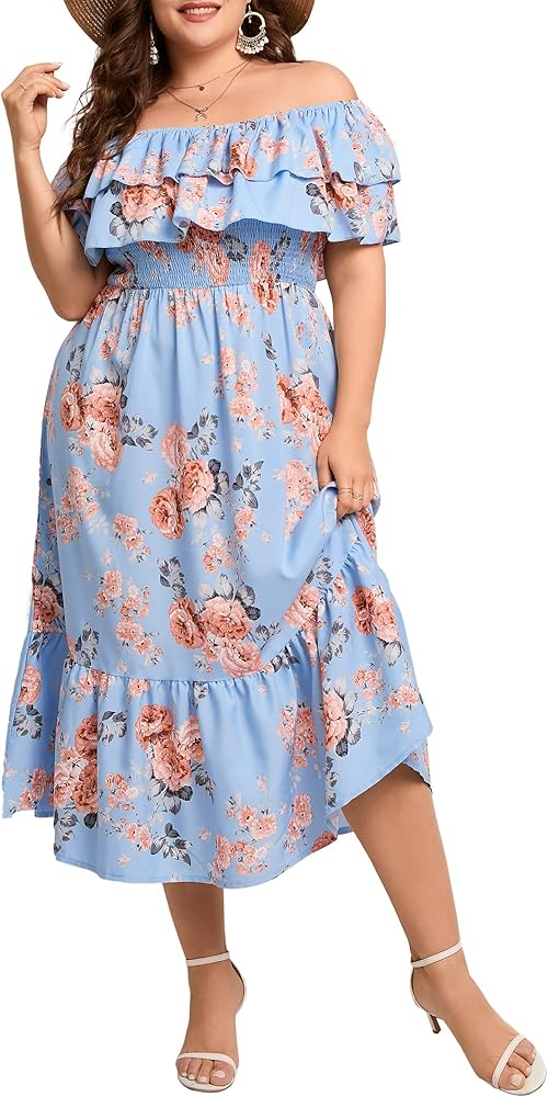 KOJOOIN Women Plus Size Off Shoulder Maxi Dress Ruffle Flowy Casual Summer Boho Long Dresses