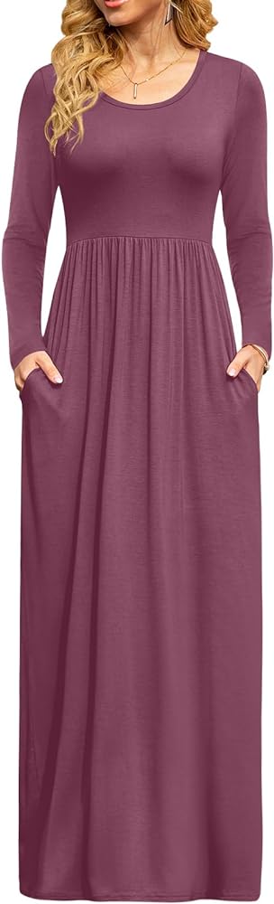 DB MOON Women Casual Long Sleeve Maxi Dresses Empire Waist Long Dress with Pockets