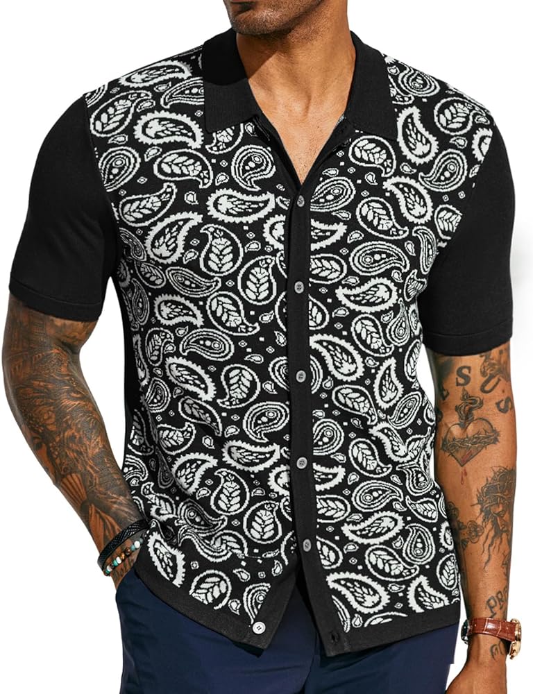 PJ PAUL JONES Mens Paisley Retro Shirts Short Sleeve Polo Shirts