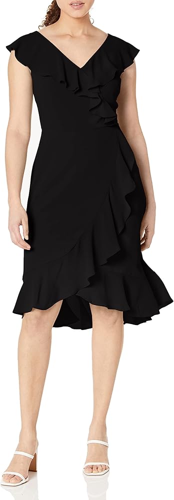 London Times Women's Bubble Crepe Above The Knee Ruffle Guest of Wedding Shower Occasion Dress