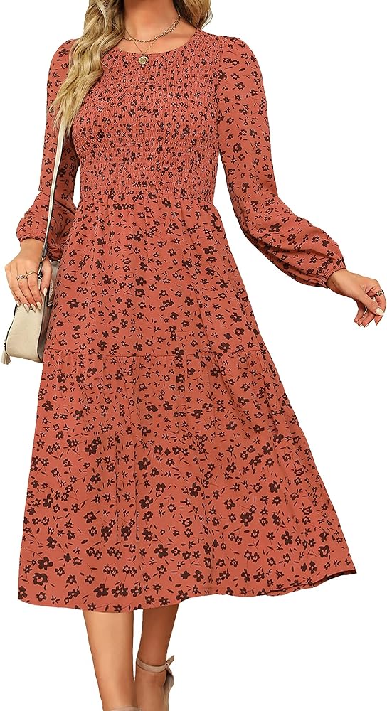 Ellakoko Women‘s Casual Long Sleeve Fall Smocked Midi Dress Crew Neck Floral Tiered Dress with Pockets