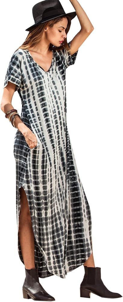 MakeMeChic Women's Boho Maxi Short Sleeve Split Pockets Tie Dye Long Dress