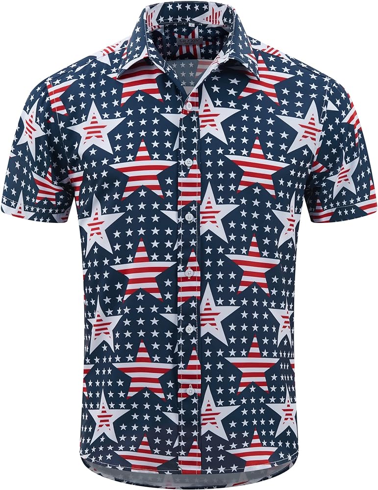 Mens American Flag Shirt - Patriotic Shirts for Men Short Sleeve Button Down Hawaiian Shirts