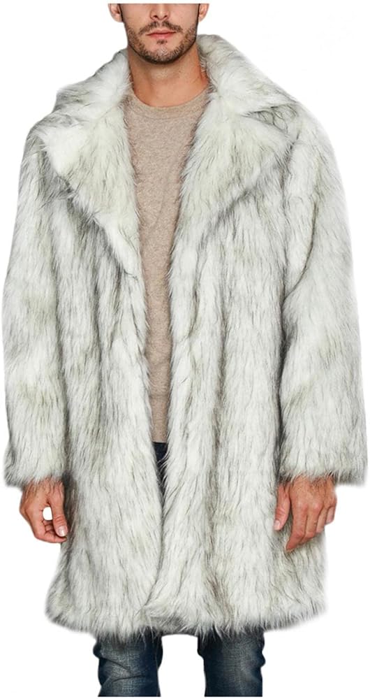 Men's White Faux Fur Coats Open Front Winter Warm Long Jackets Fleece Thick Plus Size Fashion Cardigan Mink Coat