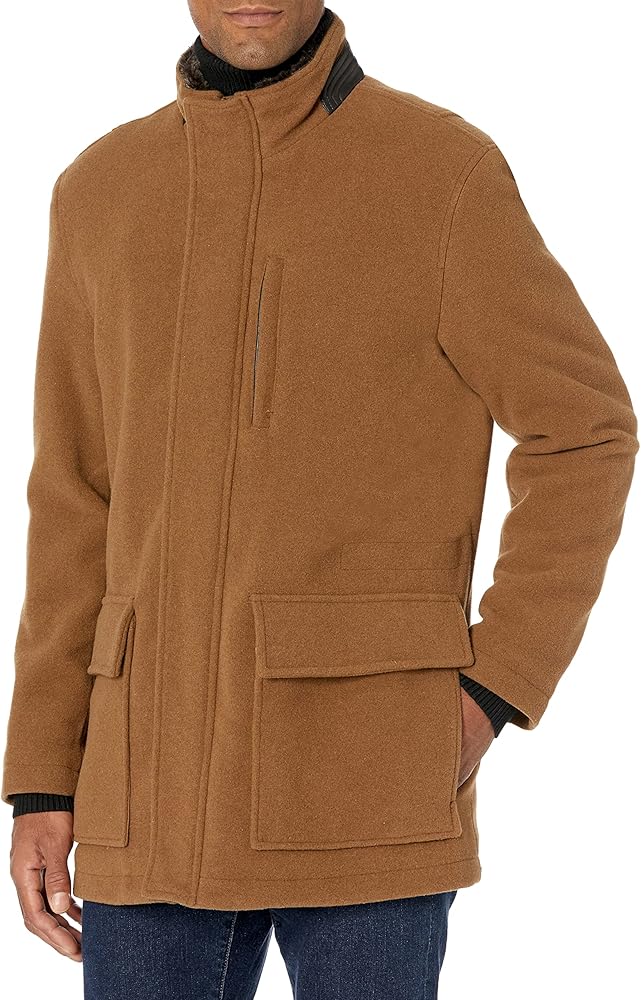 Cole Haan Men's Fur Lined Full Zip Wool Plush Car Coat