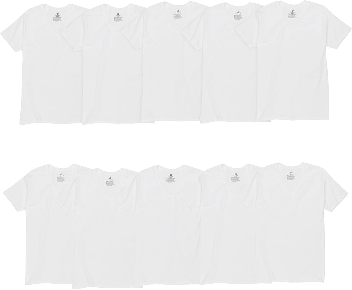 Hanes Mens White V-Neck T-Shirt Super Value 10-Pack, Best Cotton Undershirts, Stay-Tucked T-Shirts