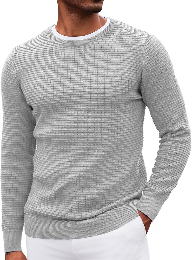 COOFANDY Mens Crewneck Pullover Sweater Lightweight Fitted Long Sleeve Dress Sweater with Jacquard Pattern