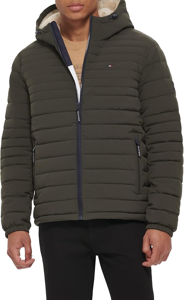 Tommy Hilfiger Men's Stretch Poly Hooded Packable Jacket With Sherpa Lining