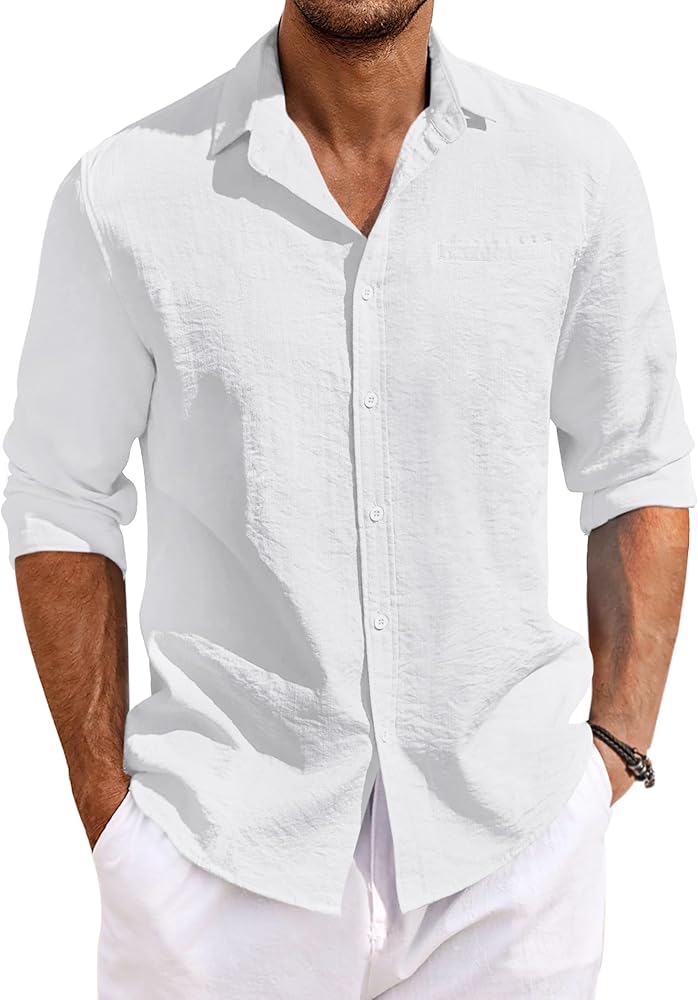 Mens Casual Button Down Shirts Solid Long Sleeve Spread Collar Dress Shirt Summer Beach Shirt