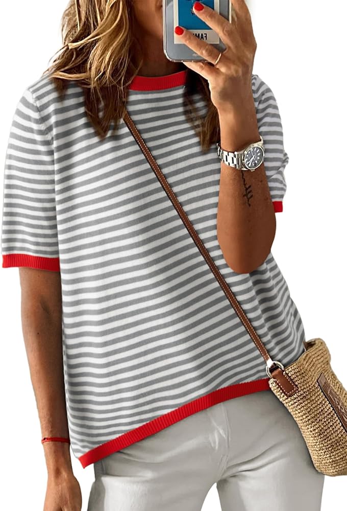 Dokotoo Womens Summer Tops Casual Crewneck Short Sleeve Striped Color Block Knitted High Low Trendy Pullover Sweaters