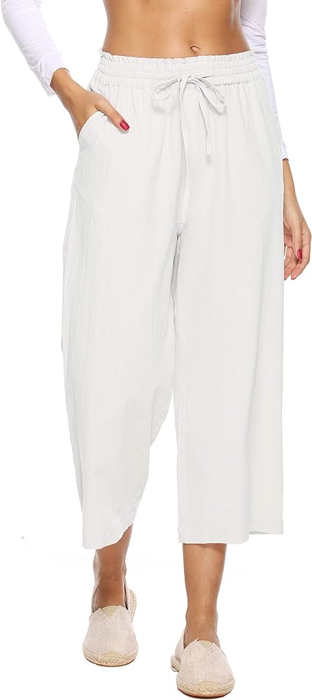 LNX Womens Linen Pants High Waisted Wide Leg Drawstring Casual Loose Trousers with Pockets