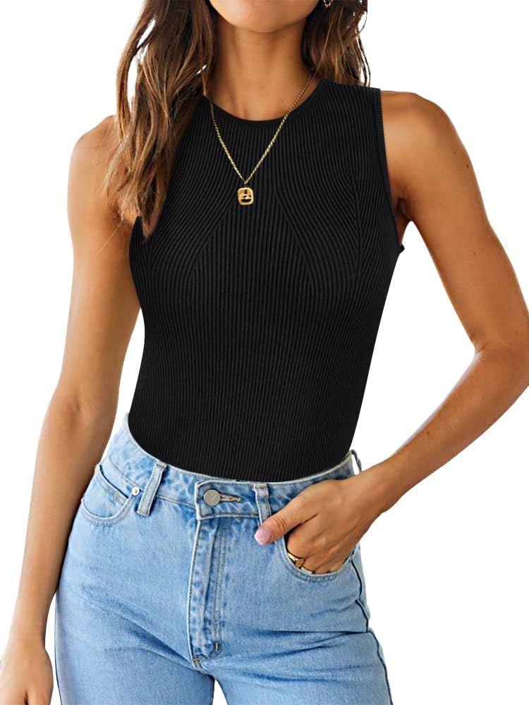 LILLUSORY Womens Ribbed Tank Tops 2024 Summer High Neck Sleeveless Basic Shirts Fitted Knit Top