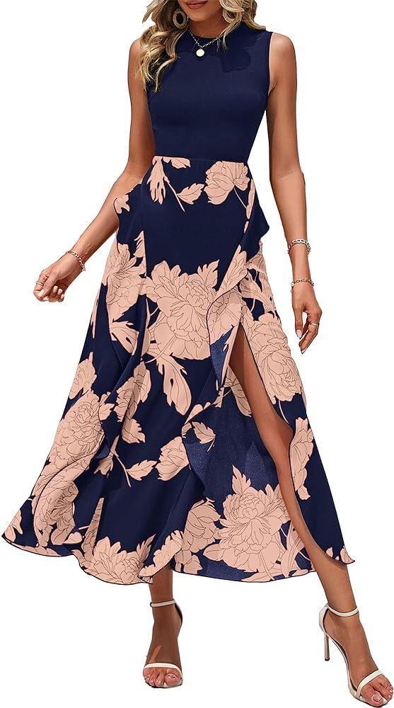 BTFBM Women Casual Sleeveless Summer Dresses 2024 Spring Crewneck Patchwork Boho Floral Ruffle Cocktail Party Midi Dress