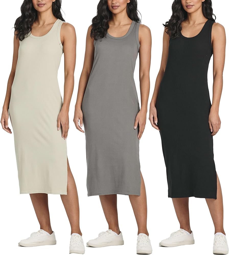 Real Essentials 3 Pack: Women's Ribbed Knit Sleeveless Crew Neck Tank Casual Midi Shift Dress with Slit