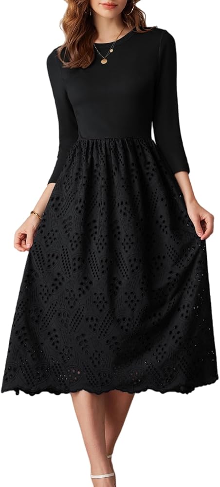 GRACE KARIN Womens Summer 3/4 Sleeve Dress with Pockets A Line Midi Eyelet Dress Empire Waist Casual Fall Flowy Dress