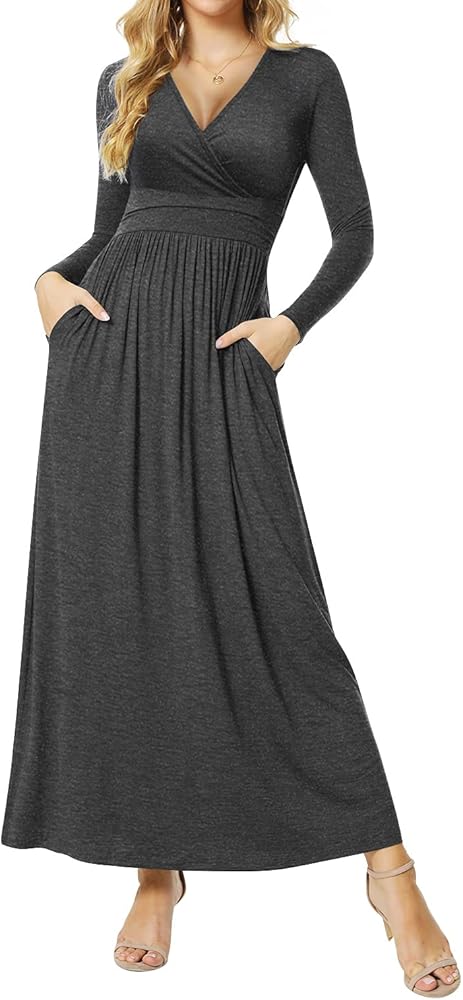 CATHY Women's Dresses Deep V-Neck Long Sleeve Empire Waist Long Dress Casual with Pockets