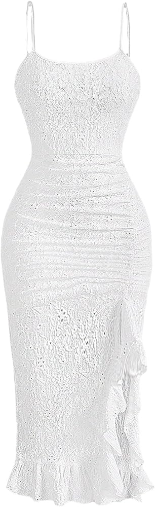 Floerns Women's Sleeveless Ruffle Trim Slit Fishtail Hem Party Midi Cami Dress